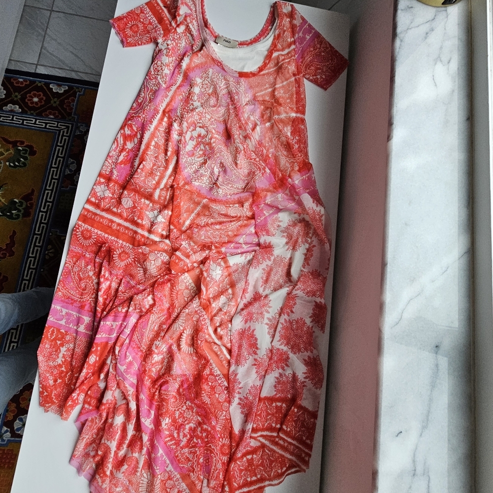 Fuzzi JPG Italy Nylon Mesh Sunset Salmon Patchwork Hankercheif Dress - Picture 10 of 15